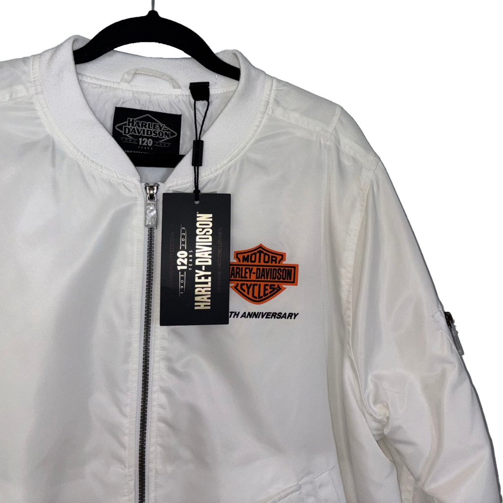Harley Davidson White Nylon 120 Year Anniversary Bomber Jacket - Size Xl - Nwt